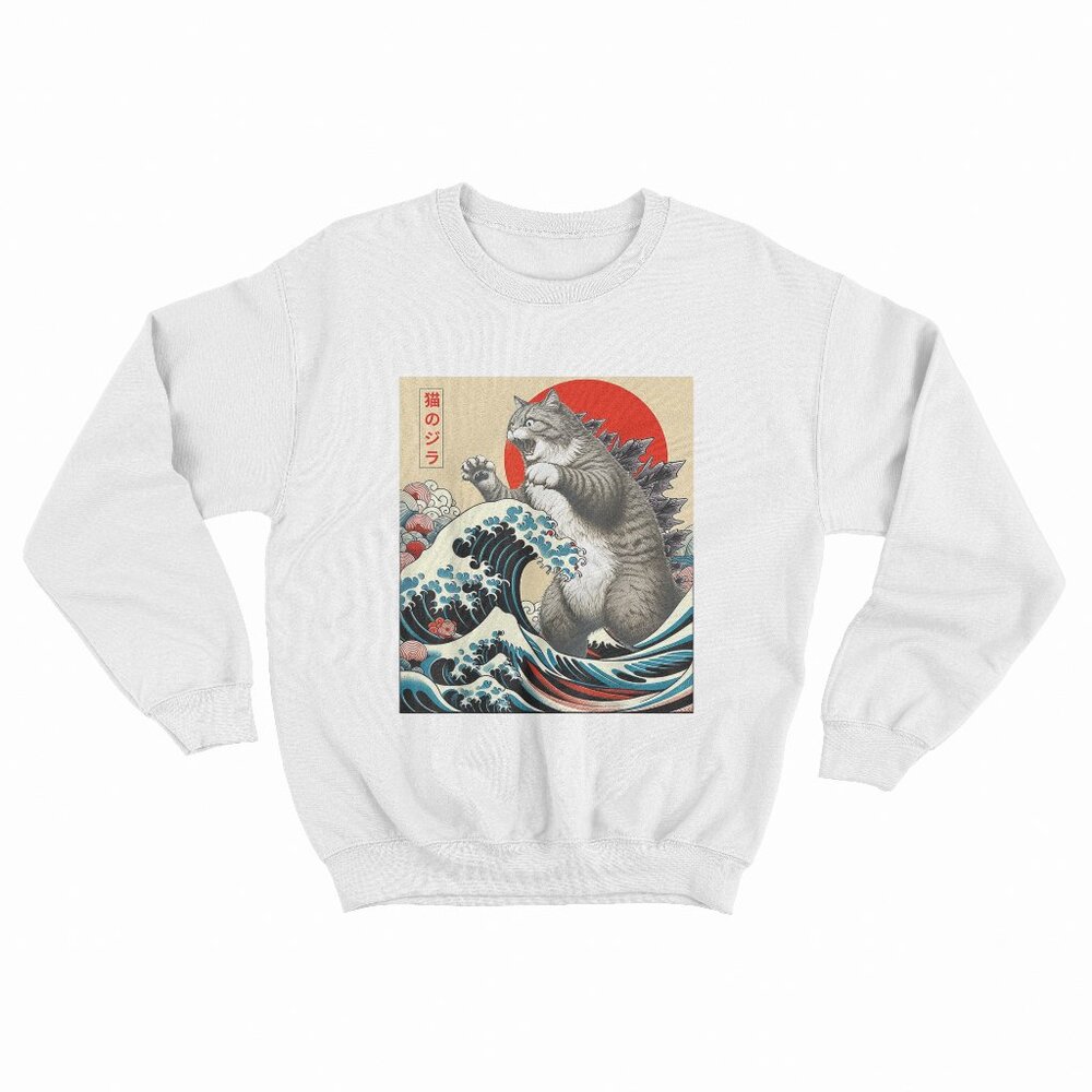 Catzilla Cat Japanese Art Funny Cat Gifts For Men Women Kid White Sweater